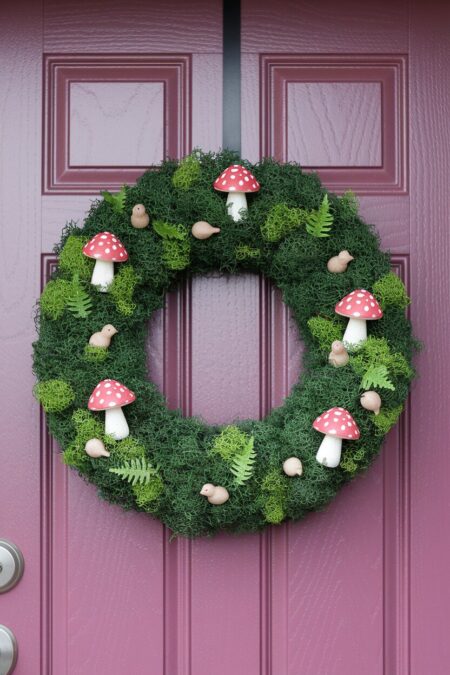 moss Easter wreath with small mushrooms and wisps of fern on the pink front door