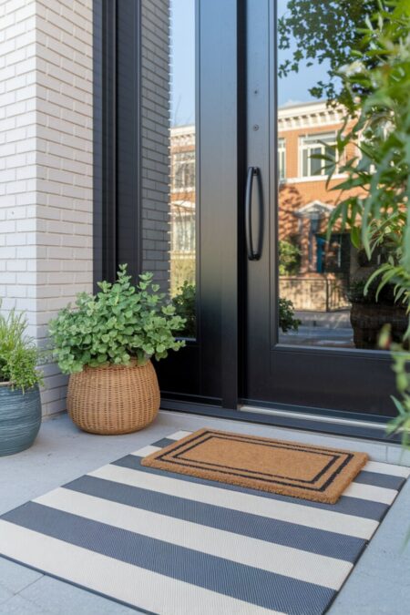 outdoor rug with stripes and coir doormat above as spring decor for entryway and porch