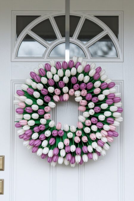 pink and white tulip spring wreath for front door