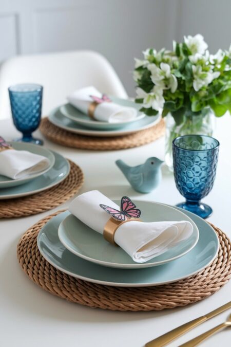 porcelain bird and butterfly-themed napkin rings as spring table decor