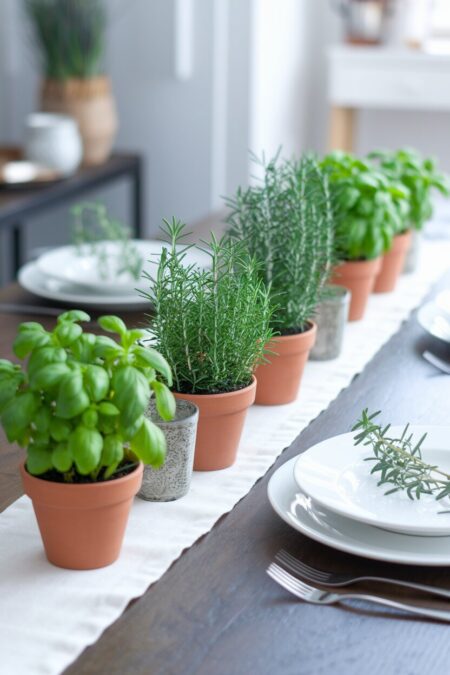 potted herbs in small terracotta pots as spring table decor