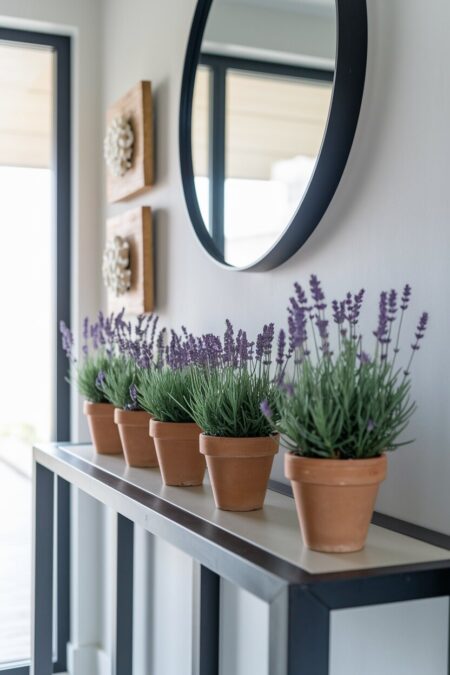 potted lavender in the small terracotta pots on the console table as spring entryway decor