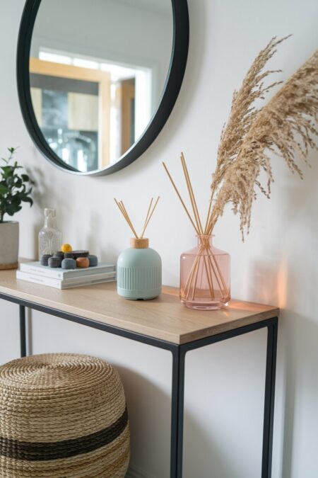 reed diffuser on the console table as spring entryway decor