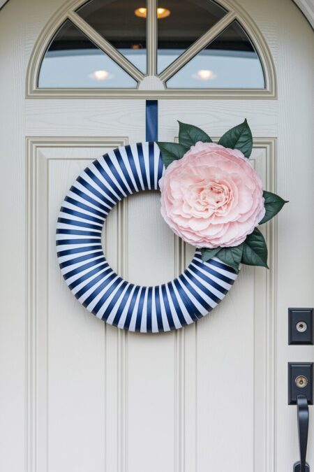 ribbon-wrapped spring wreath with a large silk flower for front door