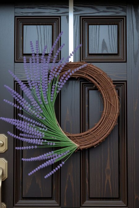 rustic grapevine spring wreath with lavender for front door