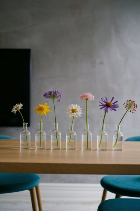 seven identical bud vases with stems of different wildflowers as spring table decor