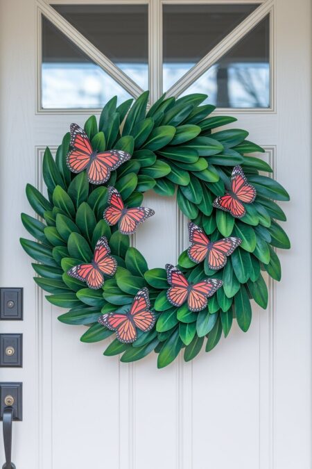 simple green leaf spring wreath with artificial butterflies for front door