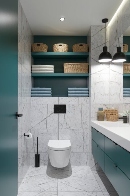small bathroom with over-the-toilet shelving