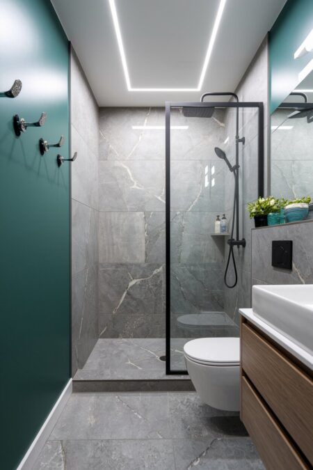 small bathroom with wall hooks and gray porcelain tile