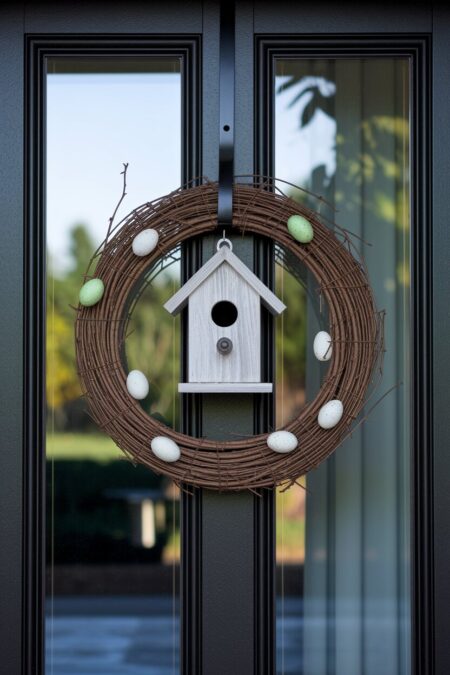 small decorative birdhouse surrounded by a grapevine wreath with some faux bird eggs as spring door decor