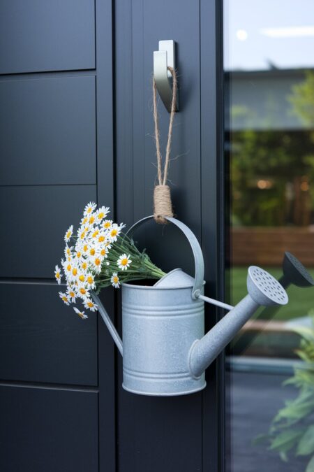 small watering can with daisies as spring door decor