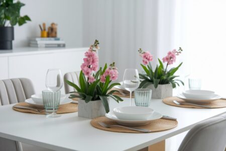 16 Spring Table Decor Ideas: Refresh Your Home for a Bright Season square pots with pink flowers as spring table decor