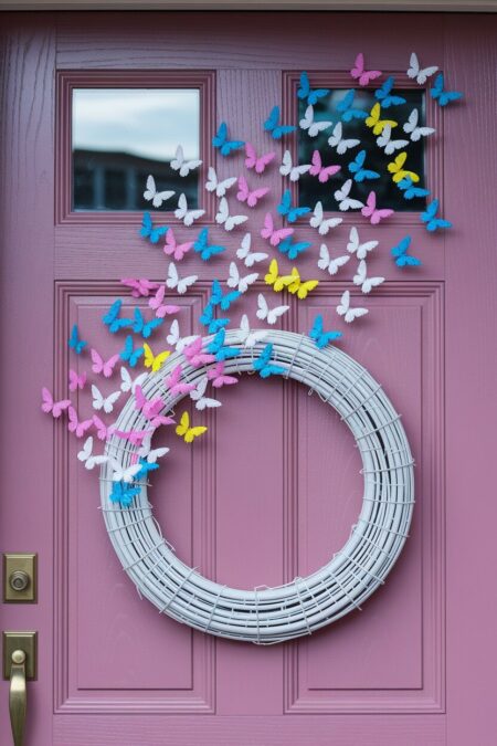 white-painted grapevine Easter wreath on the pink front door with colorful feather butterflies