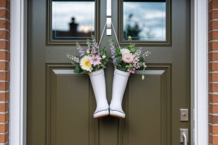 white rain boots with flowers as spring door decor