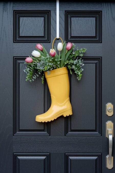 yellow rain boot with tulips spring wreath for front door