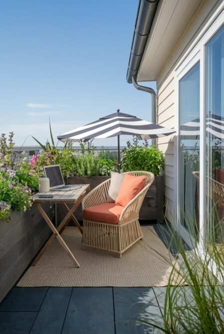 balcony workspace with an outdoor umbrella as summer decor