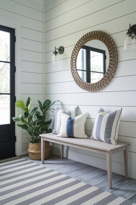 bench with striped outdoor pillows as nautical summer entryway decor