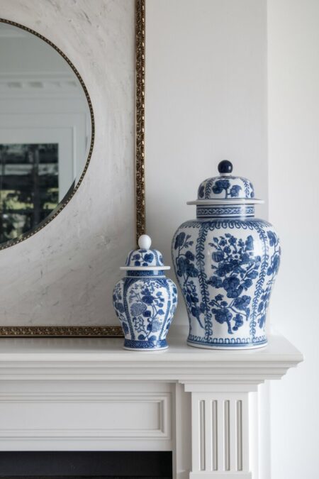 blue and white porcelain ginger jars in different sizes and chinoiserie patterns as summer mantel decor
