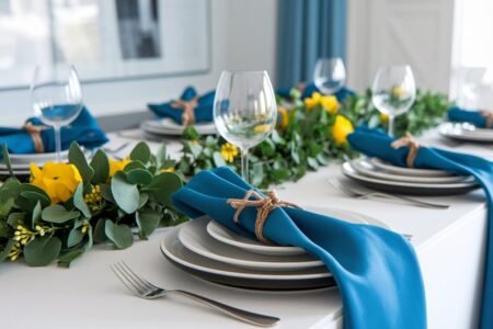 blue napkins and eucalyptus centerpiece as summer table decor