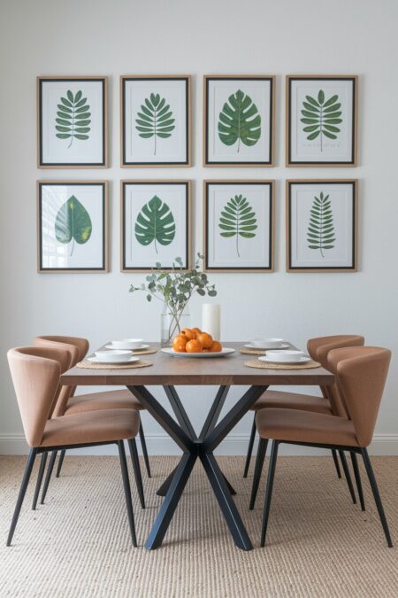 botanical gallery wall with framed leaf prints as summer dining room decor