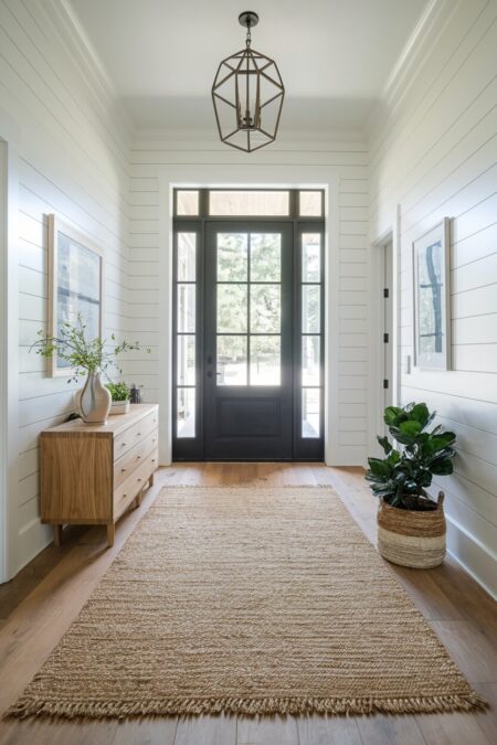 entryway with shiplap walls and a jute rug as summer decor