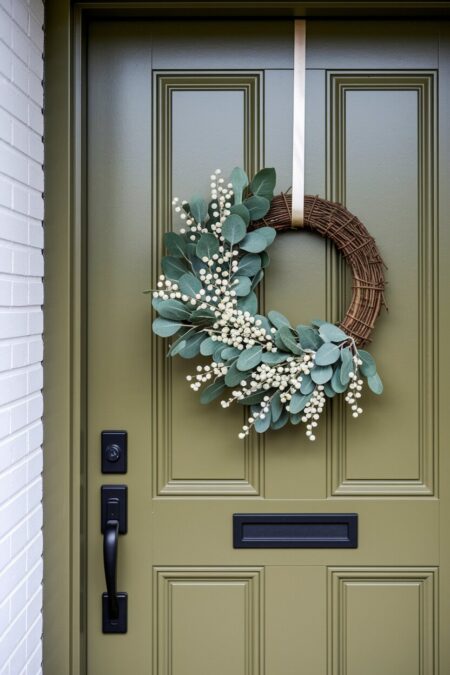 eucalyptus and white berry summer wreath for front door of olive green color