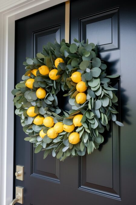 eucalyptus summer wreath with artificial lemons on the black front door