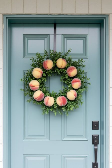 faux peach summer wreath on the light blue front door