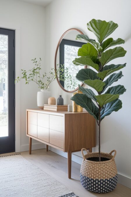 fiddle leaf fig next to the console table as summer entryway decor
