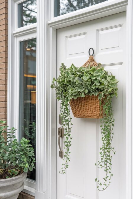 flat-back basket filled with greenery and trailing vines as summer door decor