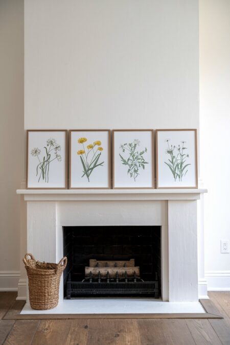 framed botanical prints of wildflowers as summer mantel decor