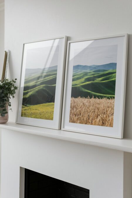 framed landscape photos as summer mantel decor