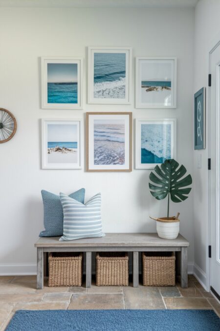 gallery wall of ocean photography as summer entryway decor