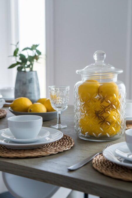 glass apothecary jar filled with whole lemons as summer table decor