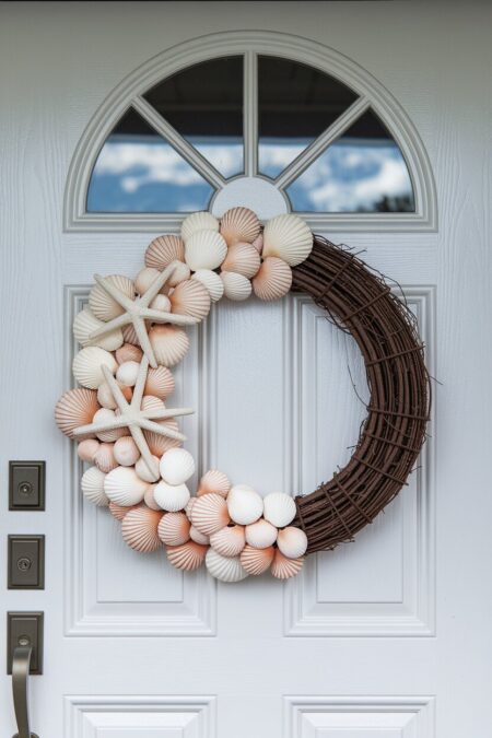 grapevine, scallop shell, and starfish summer wreath on the white front door