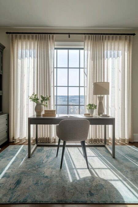home office with a desk near a window and sheer curtains as summer decor