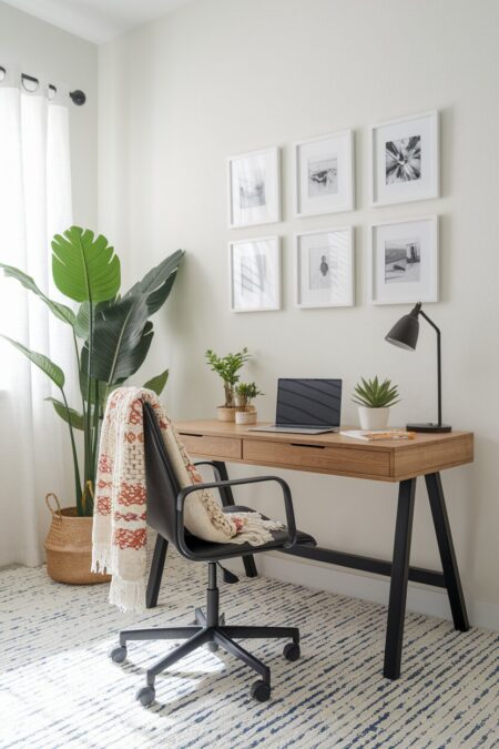 home office with a throw on the office chair as summer decor