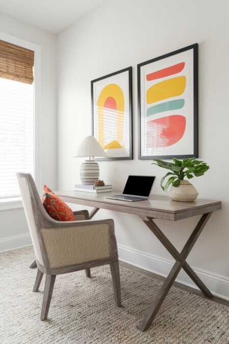 home office with abstract prints in vibrant colors as summer decor