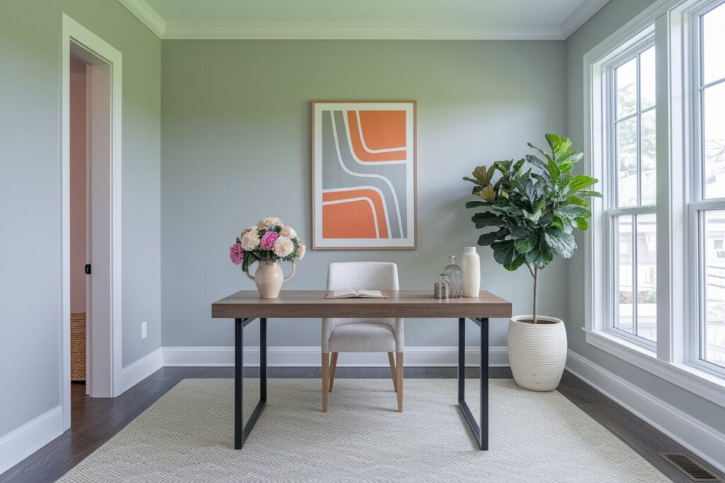 13 Summer Home Office Decor Ideas (Refreshing Your Workspace) home office with gray walls and summer decor, gray and orange abstract artwork
