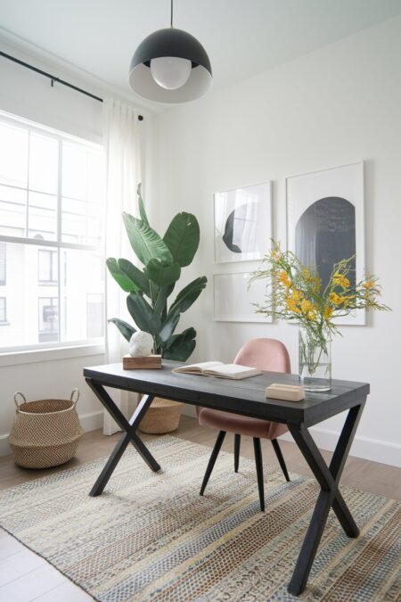 home office with minimalist desktop and summer decor