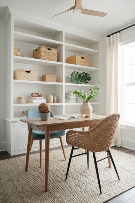 home office with woven storage baskets as summer decor