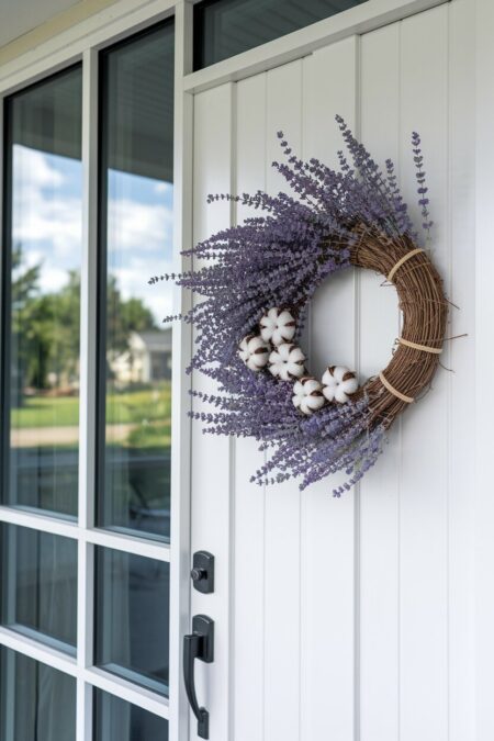 lavender and cotton summer wreath on the white front door