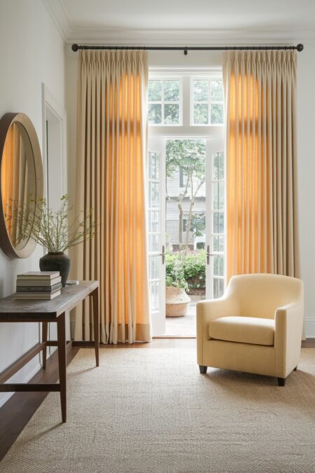 light yellow curtains and armchair as summer entryway decor