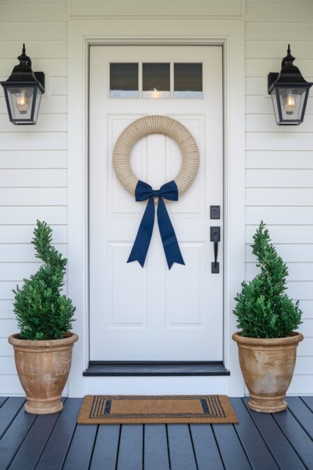 manila rope summer wreath with a navy blue bow on the white front door