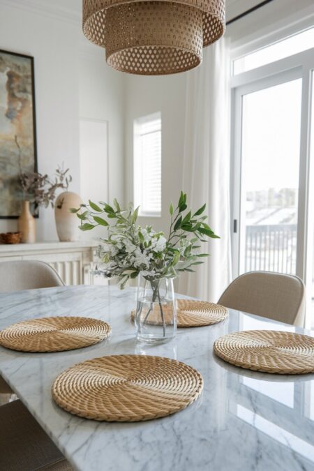 marble table with woven placemats as summer dining room decor