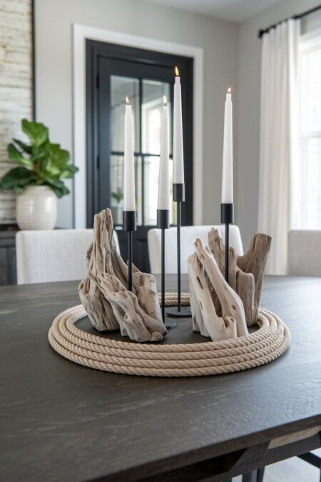 nautical rope, taper candles, and driftwood pieces as summer table decor