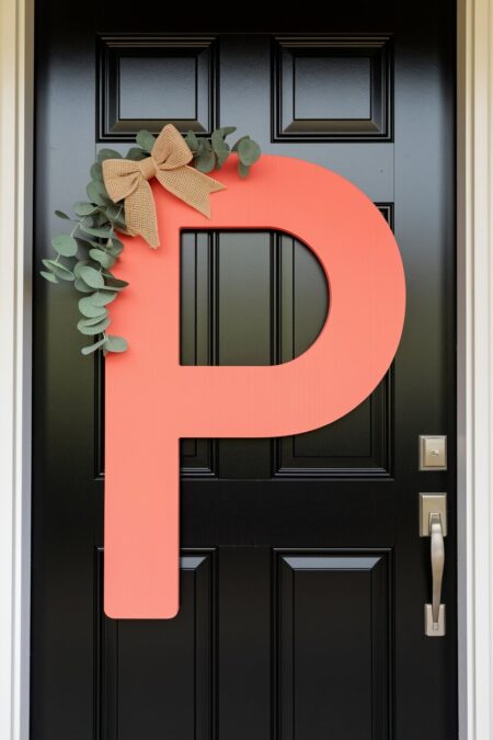 oversized coral letter P with a burlap bow and eucalyptus on the black front door as summer decor