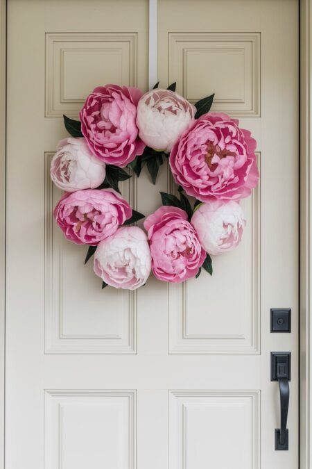 peony summer wreath in different shades of pink on the cream front door