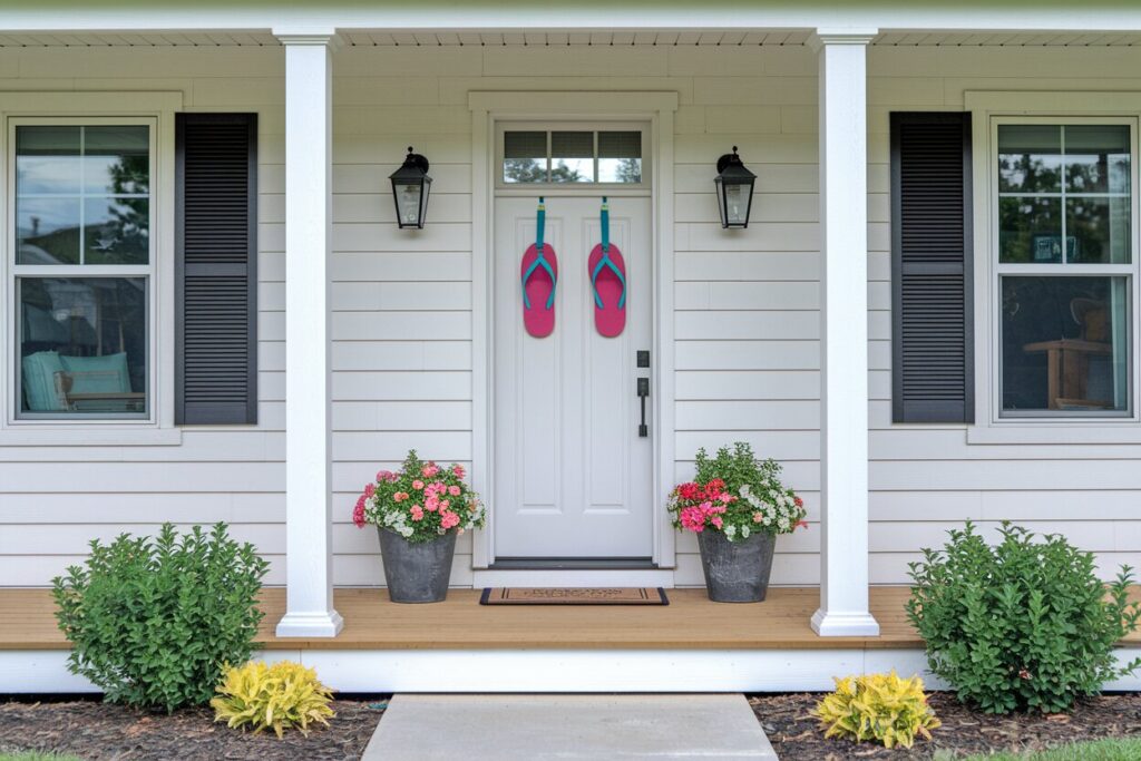 16 Summer Door Decor Ideas for a Warm, Inviting Entry pink oversized flip-flops as summer door decor