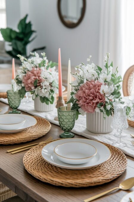 rattan chargers, green glassware, white and pink flowers as summer table decor